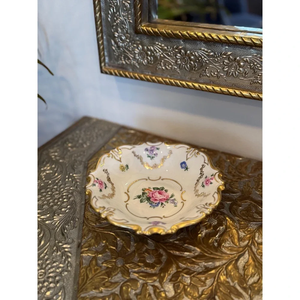 Vintage German Porcelain Trinket Dish, JLMenau Floral Gilt‎ Vanity Bowl